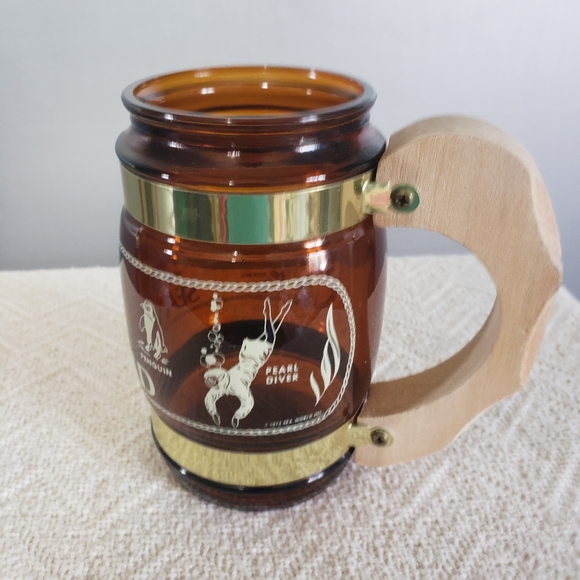 VINTAGE 1973 SIESTA WARE SOUVENIER SEA WORLD BROWN GLASS MUG WOOD HANDLE. - Picture 5 of 8